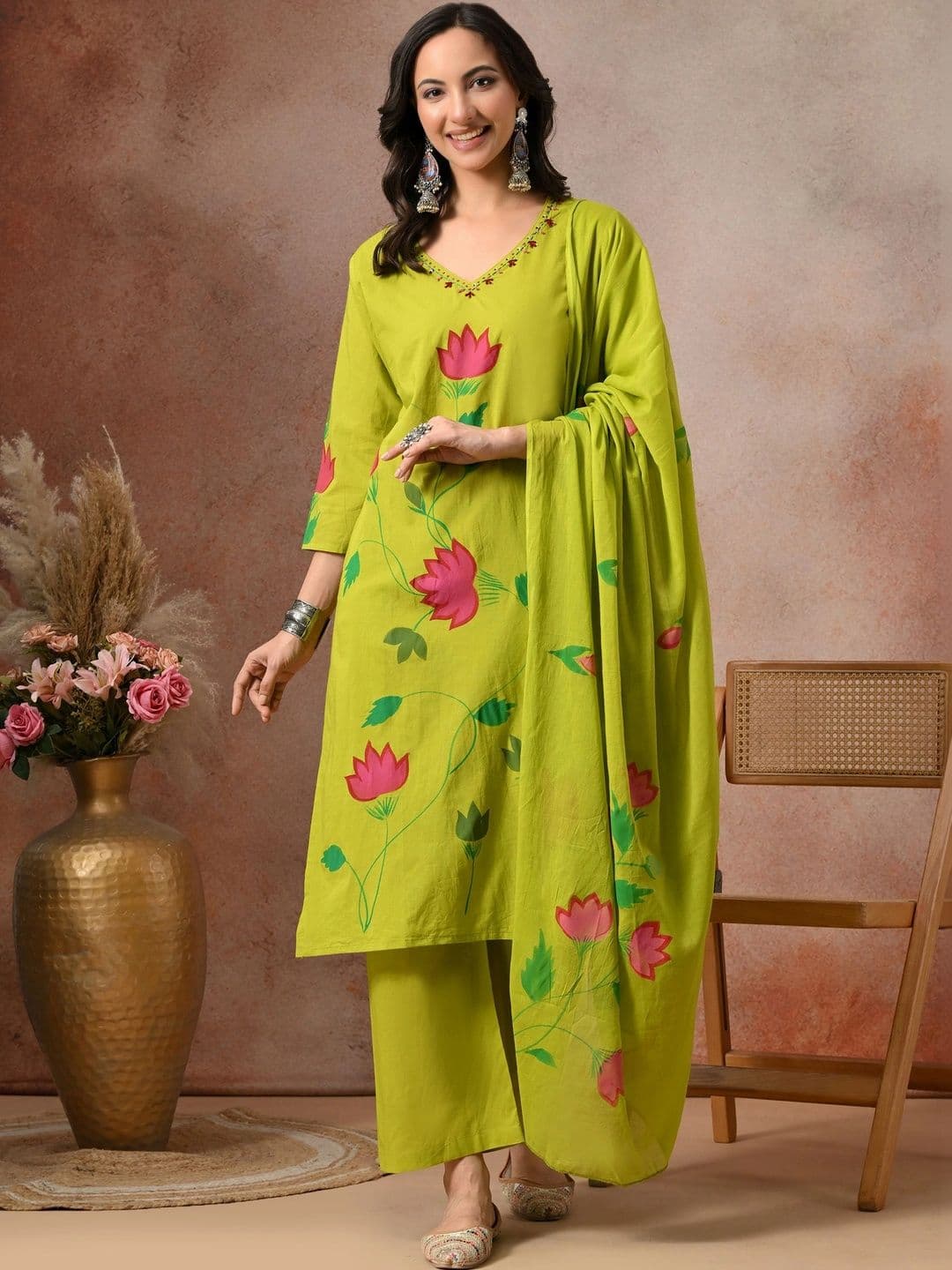Anouk Women Floral Printed Regular Thread Work Pure Cotton Kurta with Palazzos & With Dupatta - view 1