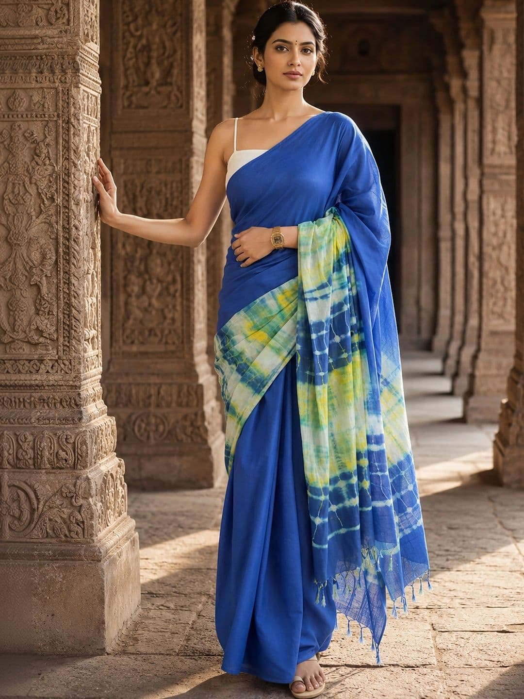 Anjaneya Sarees Linen Blend Designer Block Print Saree - view 1