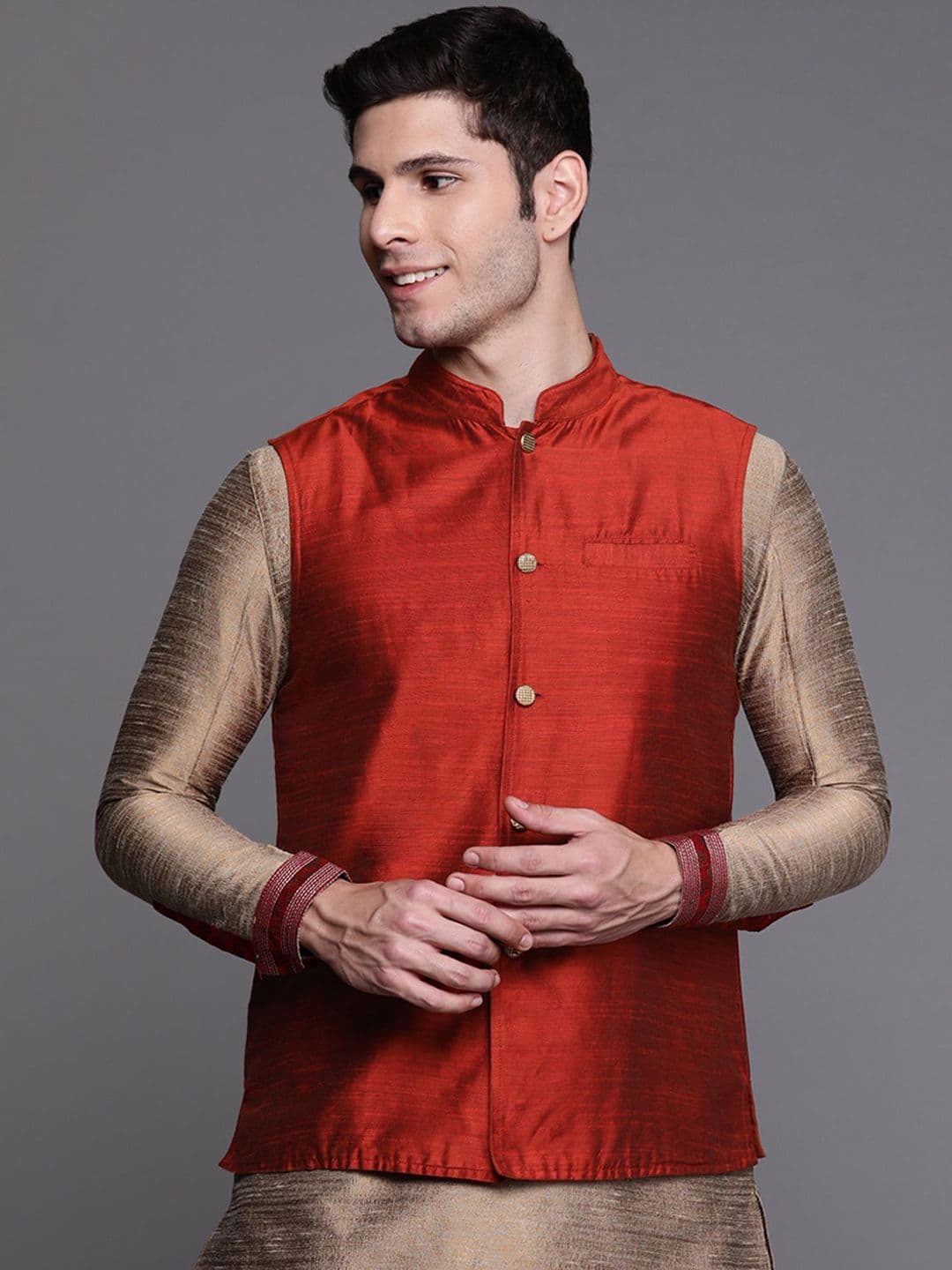 Anouk Mandarin Collar Satin Nehru Jacket - view 1