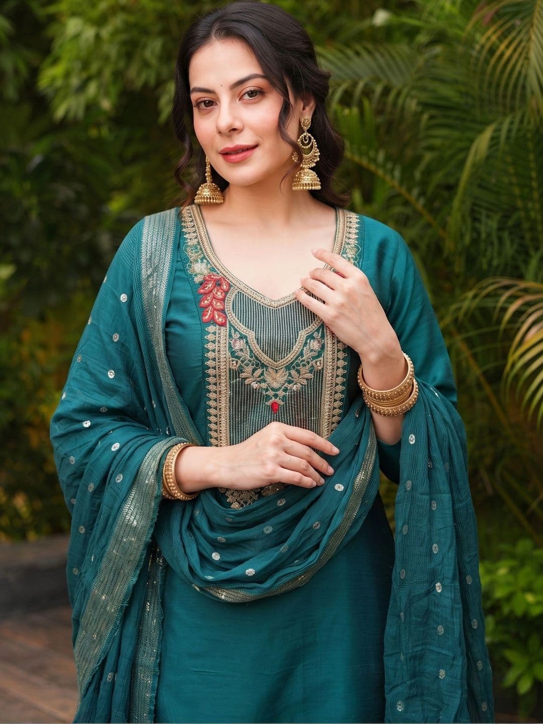 HERE&NOW Women Ethnic Motifs Embroidered Regular Thread Work Kurta with Trousers & With Dupatta - view 1