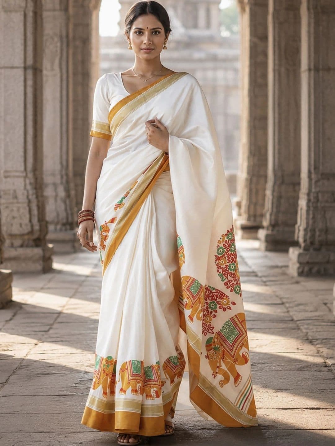 Anjaneya Sarees Linen Blend Designer Block Print Saree - view 1