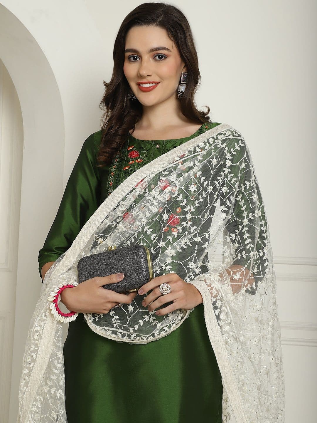Anouk Women Ethnic Motifs Yoke Design Regular Thread Work Kurta with Trousers & With Dupatta - view 1