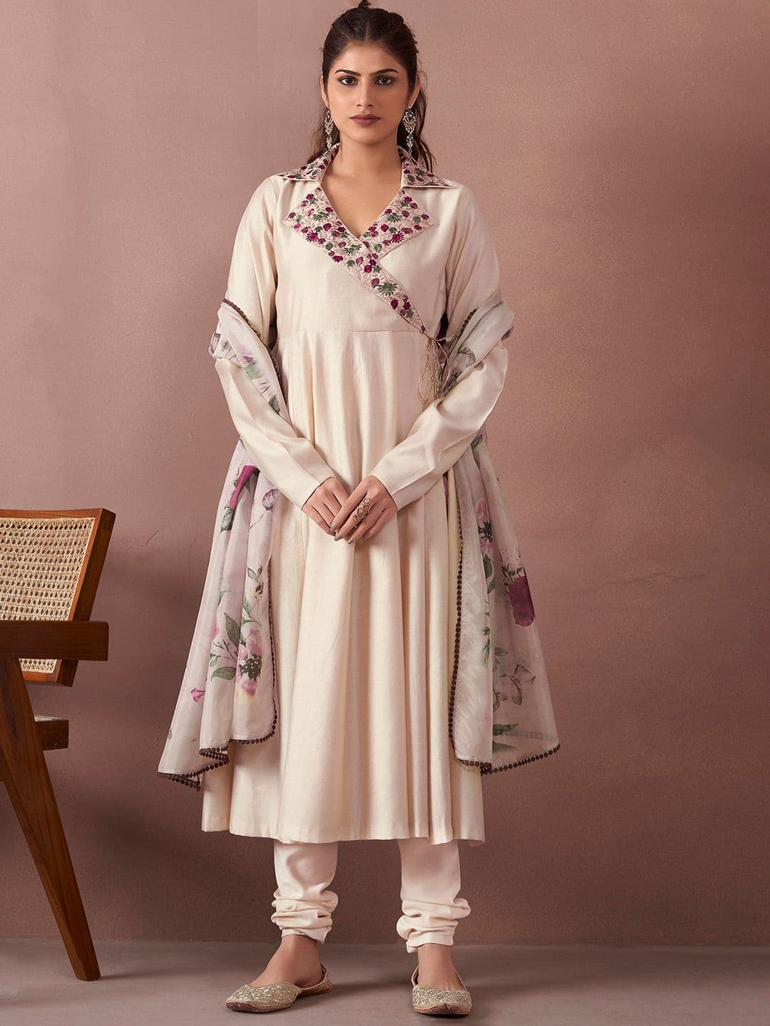 Anouk Cream Floral Embroidered Angrakha Thread Work Chanderi Silk Kurta Set - view 1