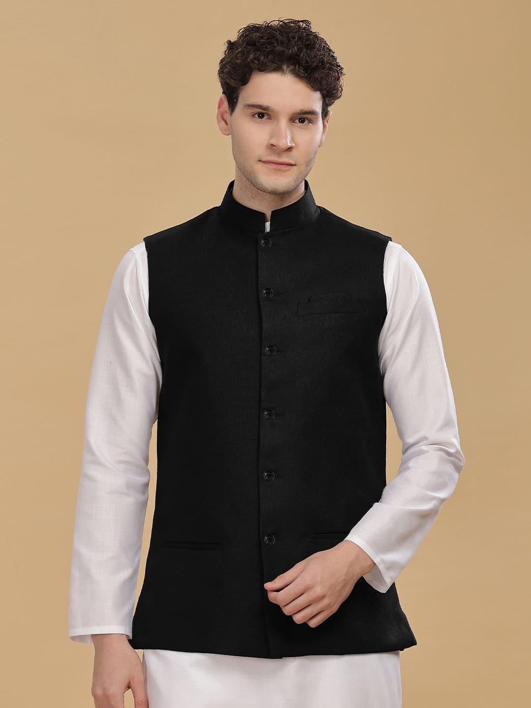 Anouk Men Cotton Linen Woven Nehru Jackets - view 1