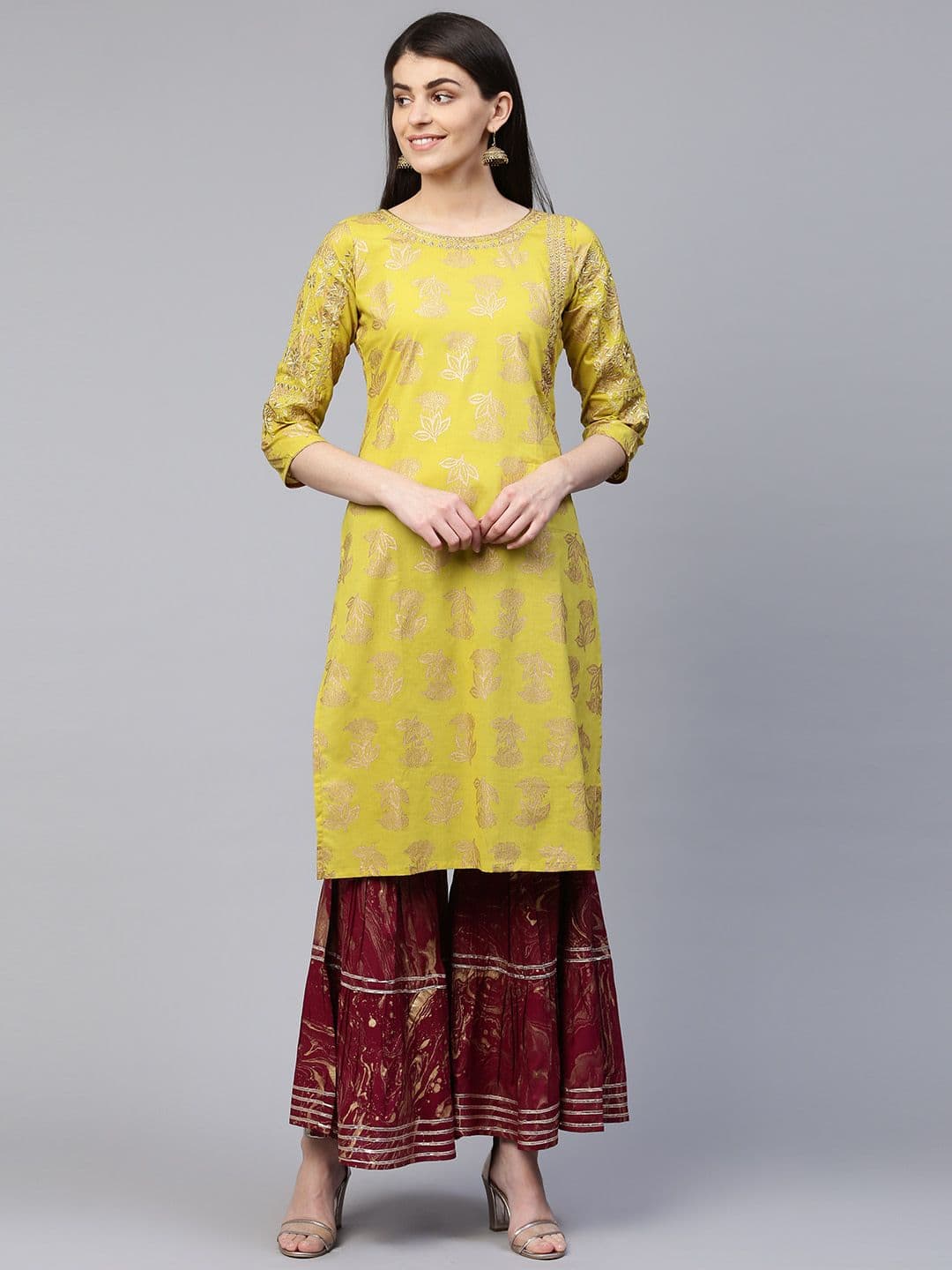Anouk Lime Green Floral Woven Design Liva Straight Kurta - view 1