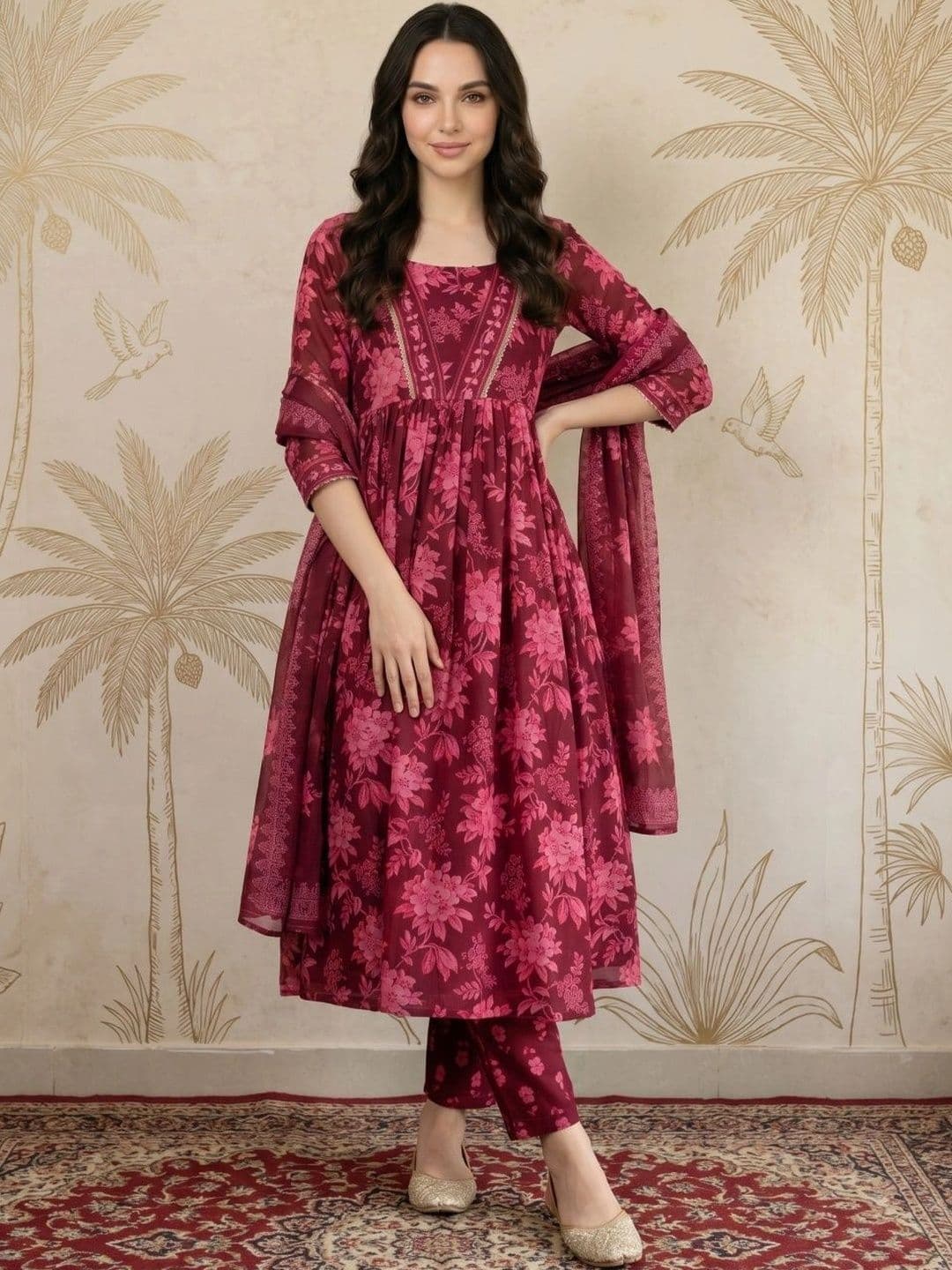 Sangria Women Floral Printed Empire Kurta with Trousers & With Dupatta - view 1