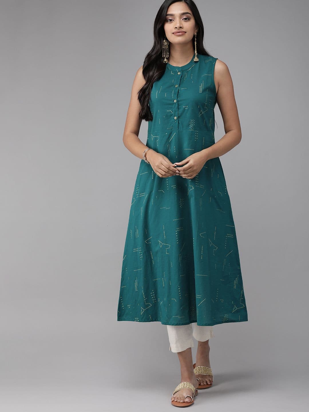 Anouk Teal Green Geometric Printed Pure Cotton Fit and Flare Dress - view 1