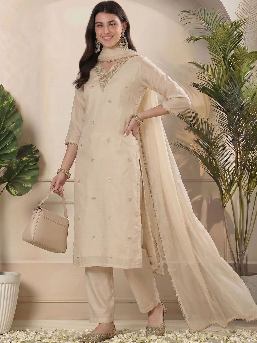 SOURAGYA Women Ethnic Motifs Embroidered Regular Thread Work Kurta with Trousers & With Dupatta - view 1