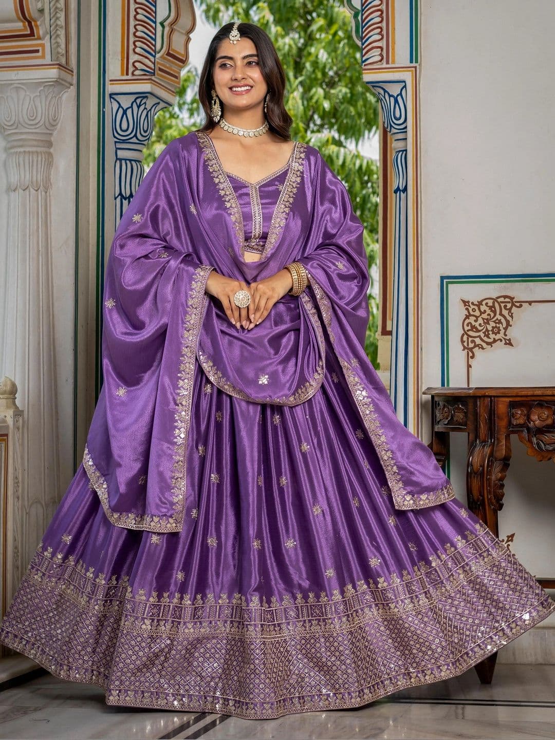 GULDORI Embellished Mirror Work Semi-Stitched Lehenga & Unstitched Blouse With Dupatta - view 1