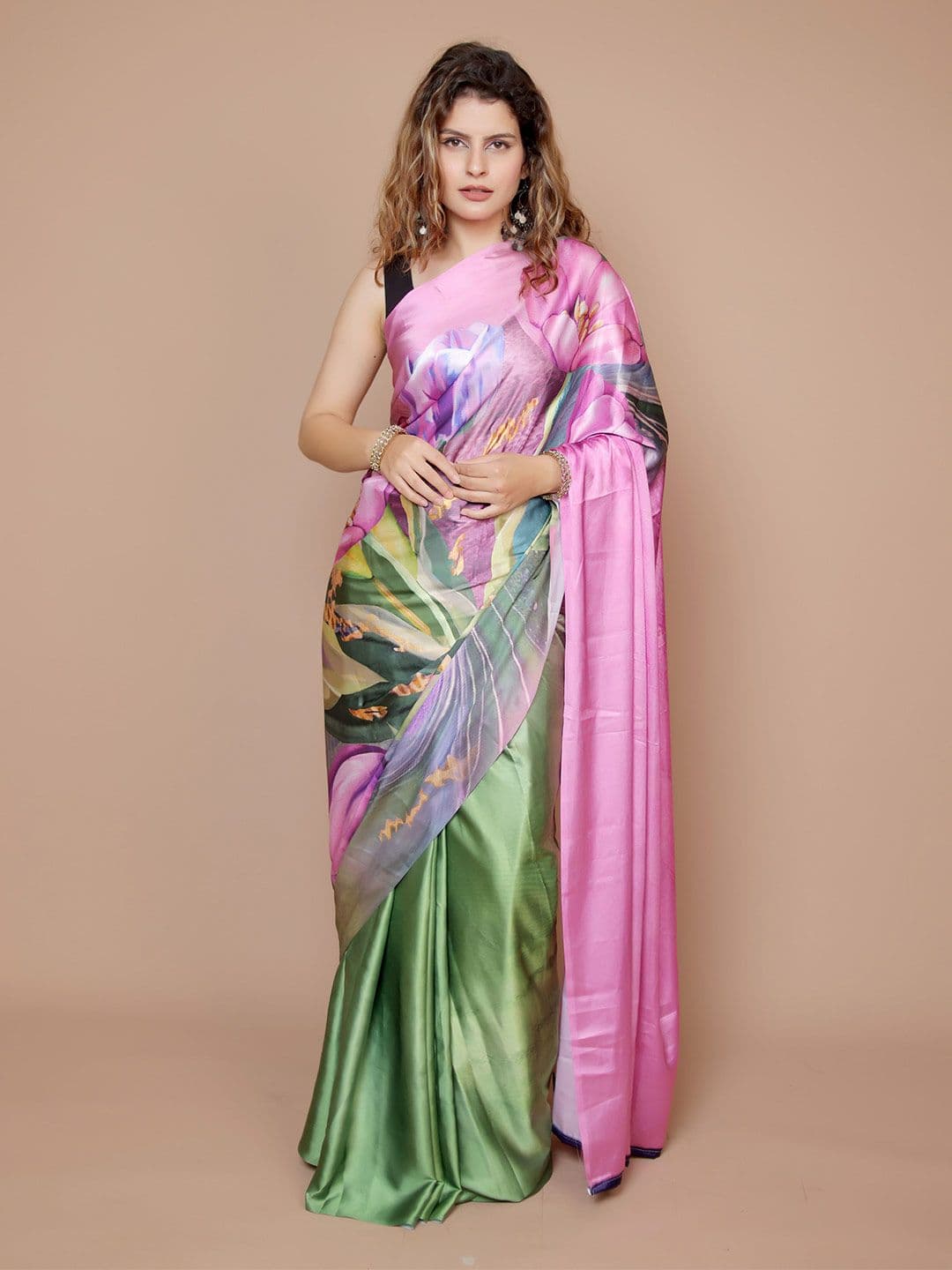 Anouk Floral Satin Saree With Blouse Piece - view 1