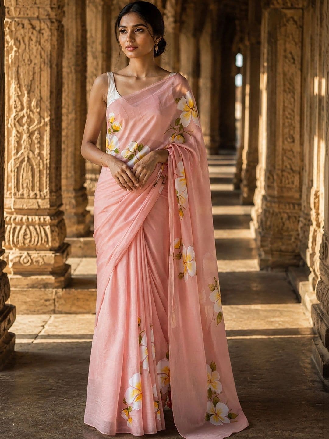Anjaneya Sarees Floral Linen Blend Designer Block Print Saree - view 1