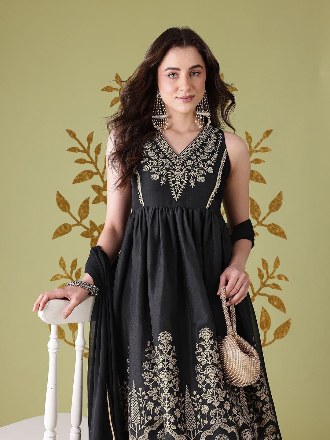 Anouk Floral Embroidered Empire Midi Dress with Dupatta - view 1