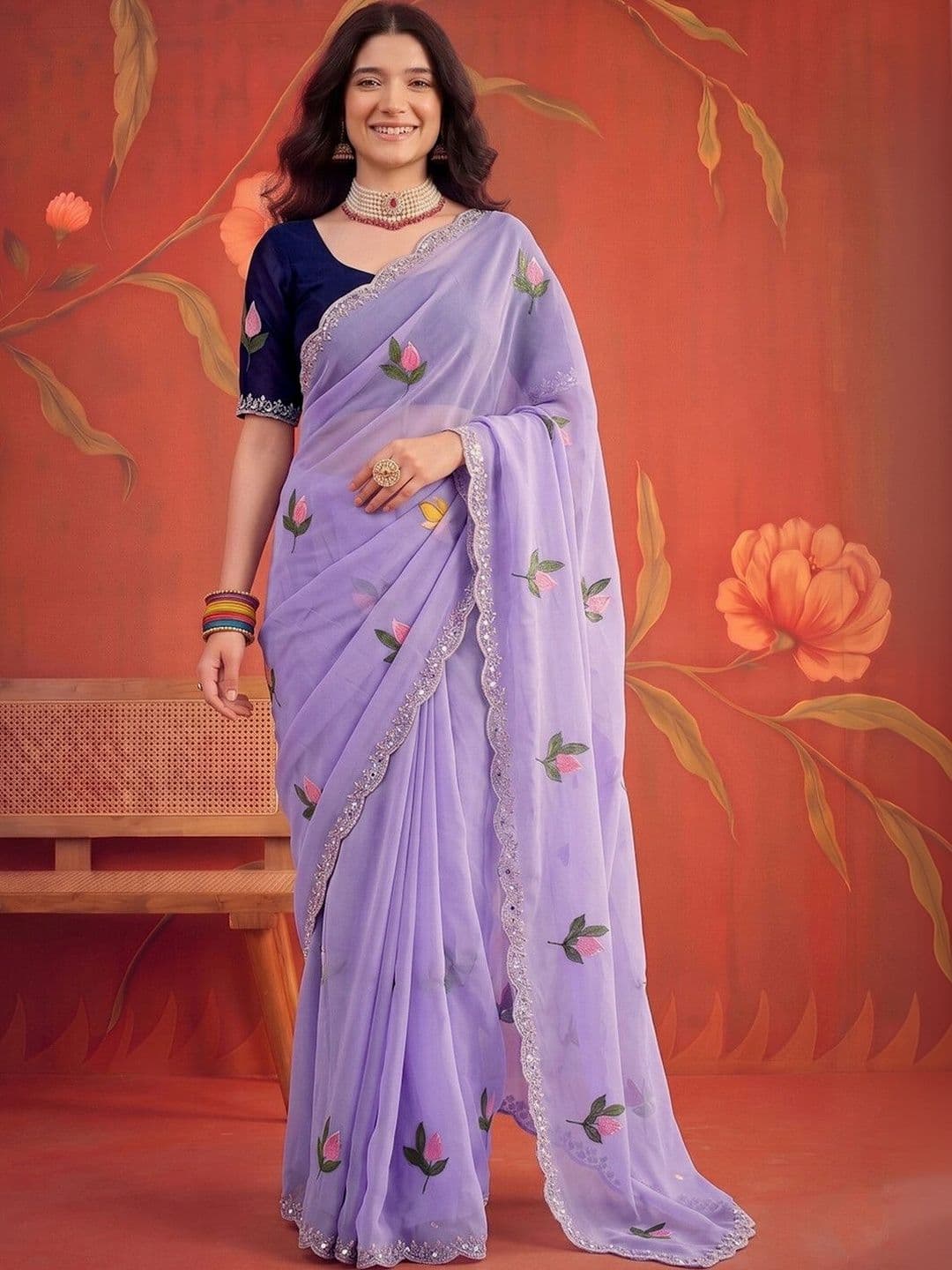 Sangria Floral Mirror Work Poly Georgette Saree - view 1