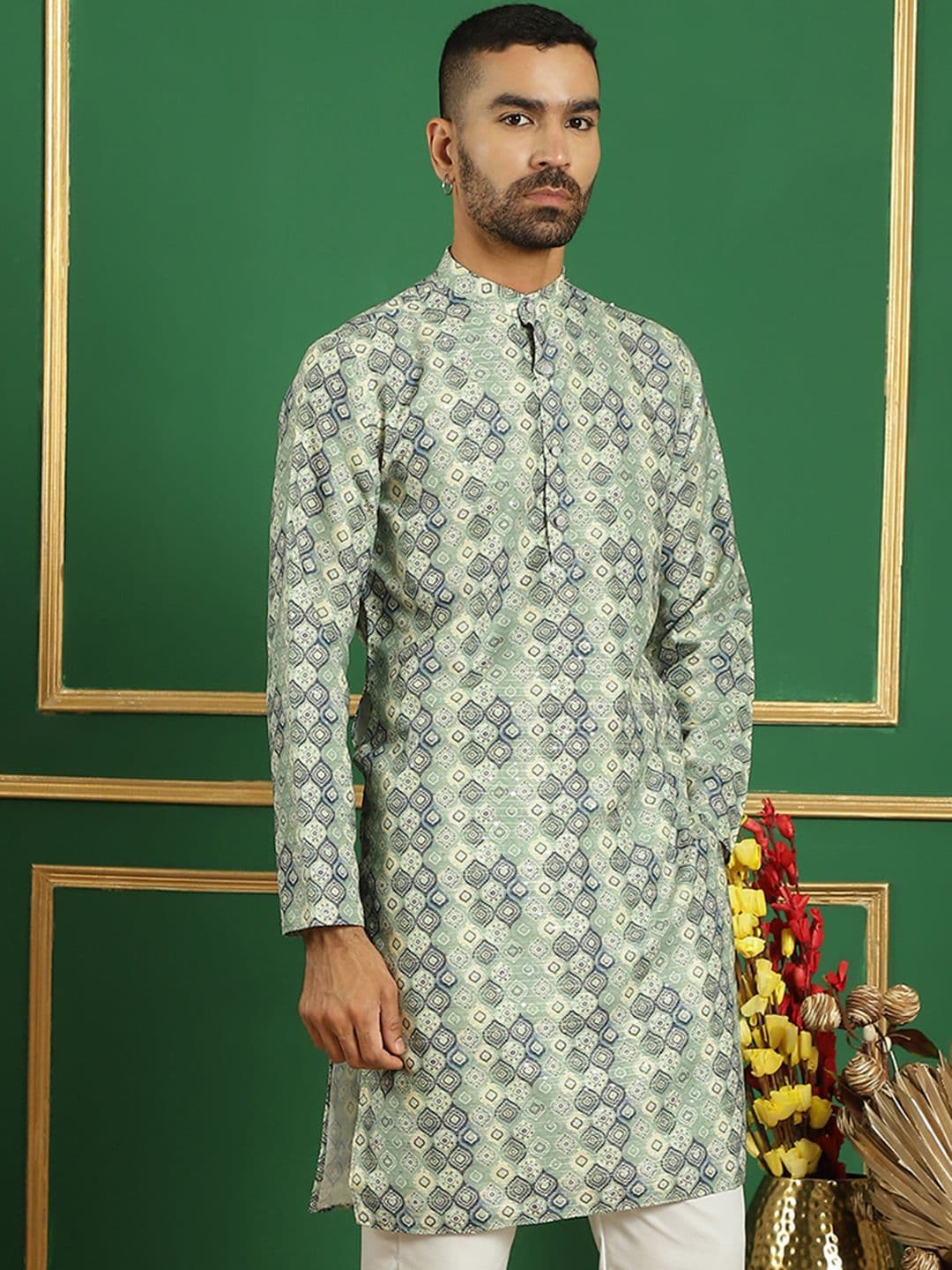 Anouk Green Geometric Printed Band Collar Straight Kurta - view 1
