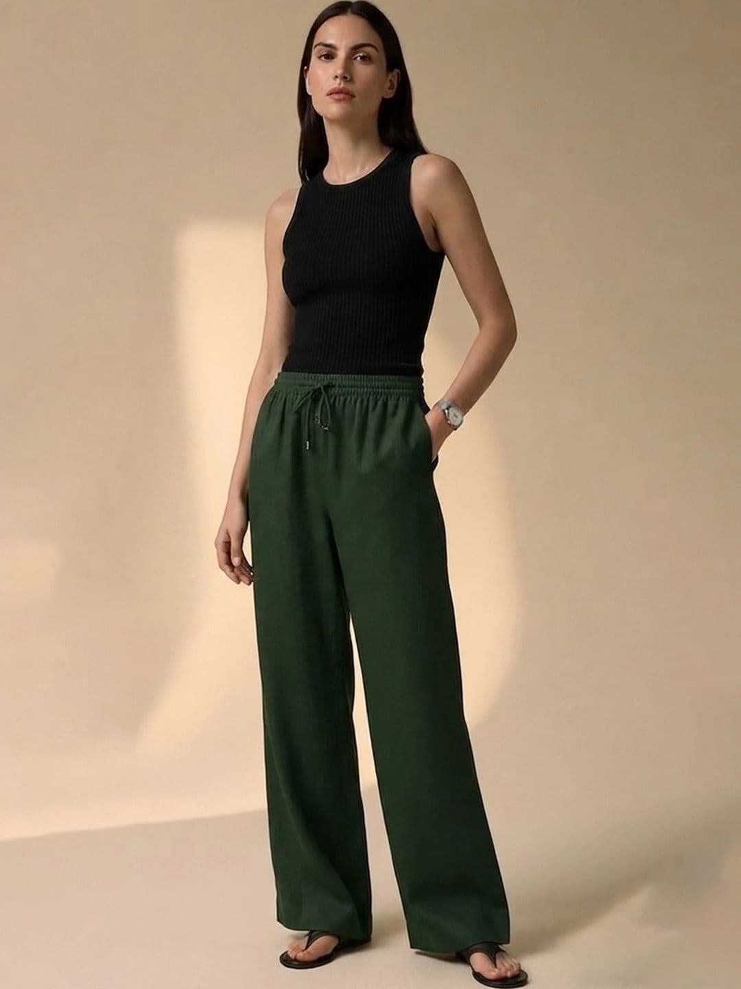 Kotty Women Solid Linen Blend Casual Drawstring Palazzo Pants - view 1