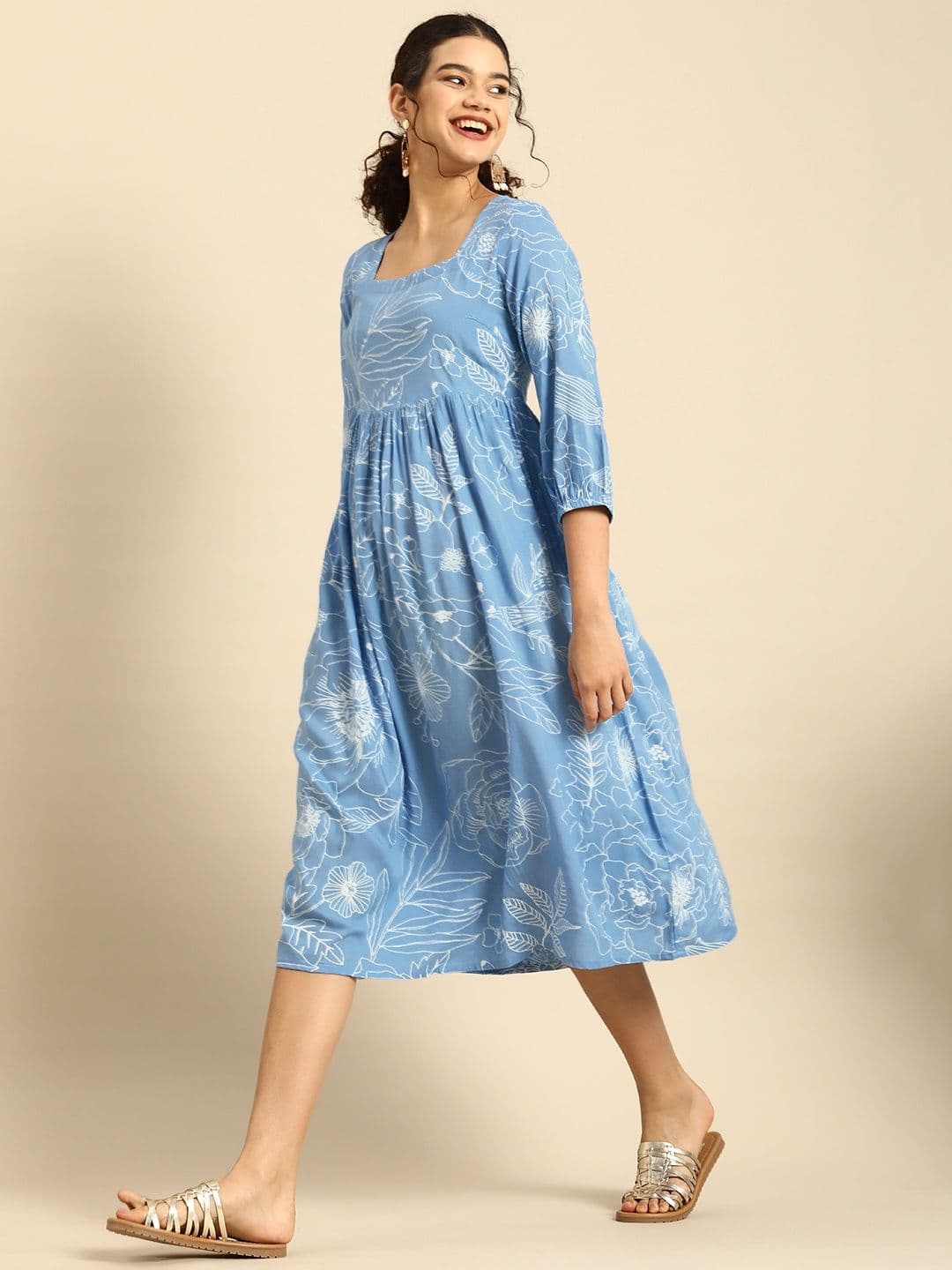 Anouk Blue & White Floral Square neck Fit N Flare Dress - view 1