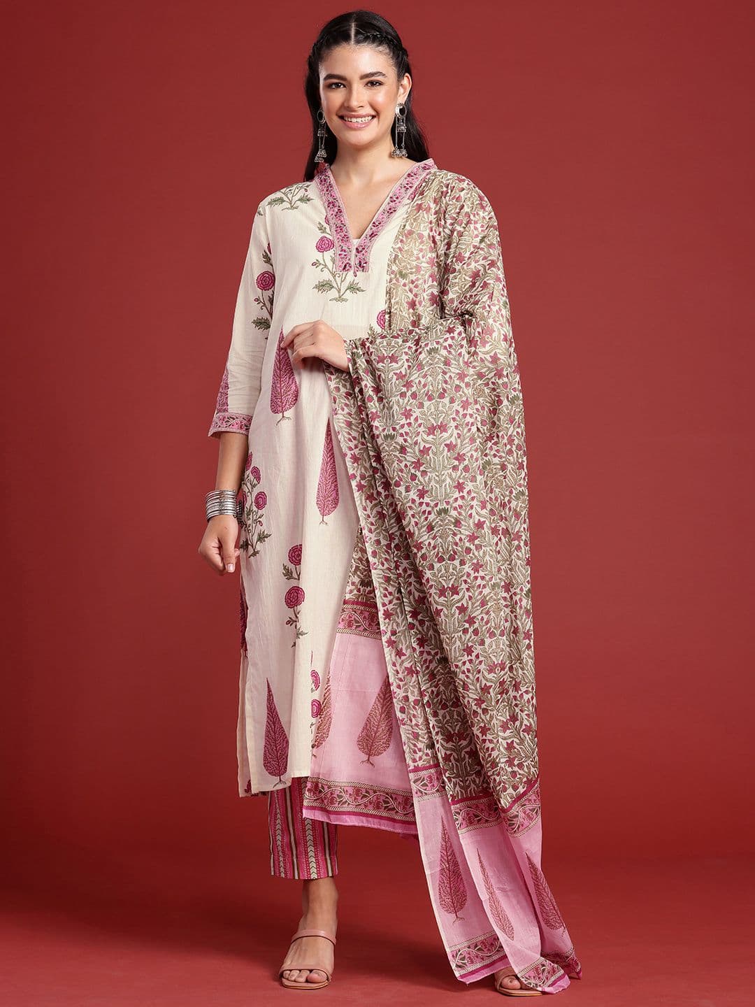 Anouk Floral Printed Mirror Work Pure Cotton Kurta with Trousers & With Dupatta - view 1