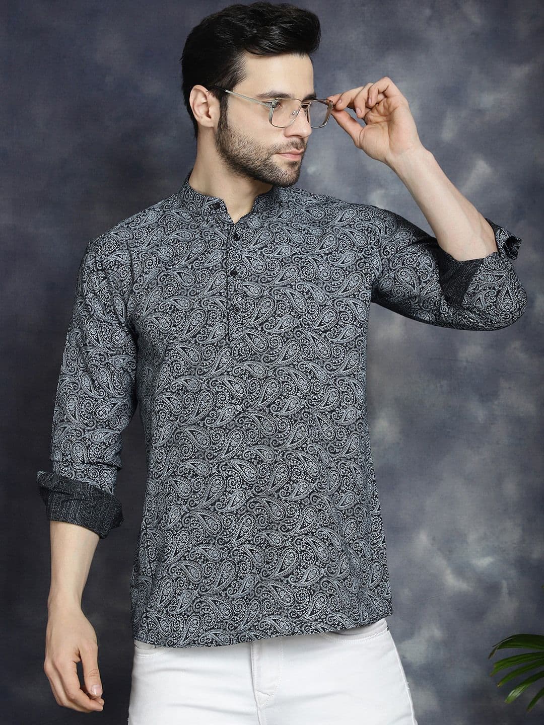 Anouk Black Paisley Printed Cotton Short Kurta - view 1