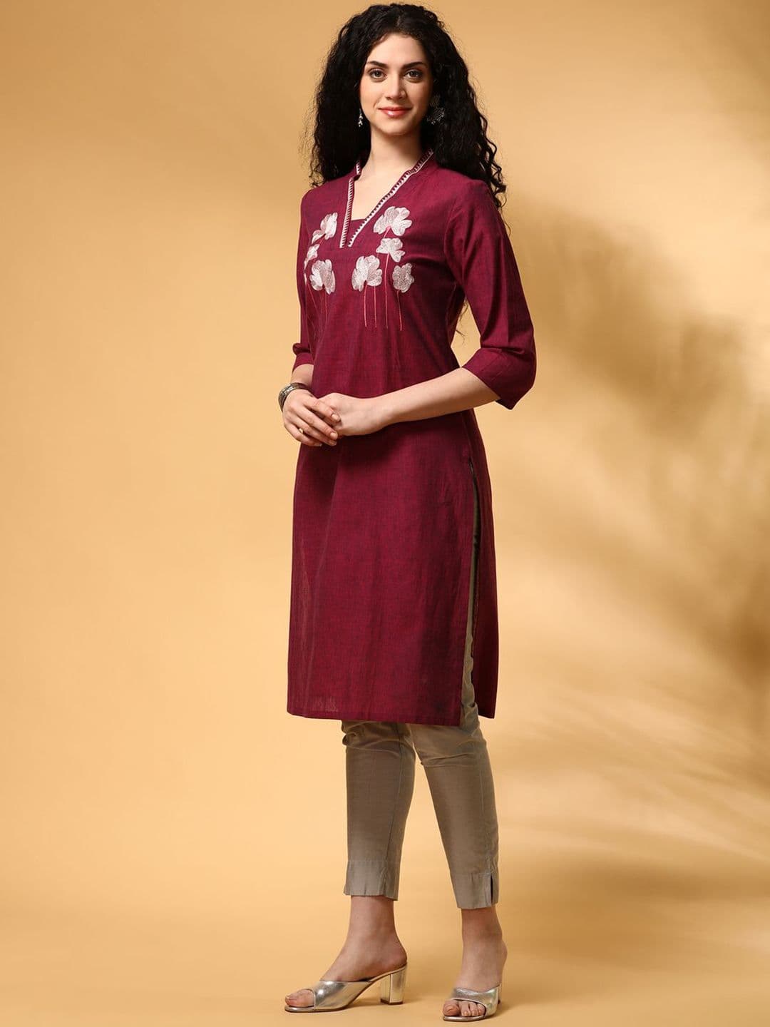 Anouk Burgundy & White Floral Embroidered V-Neck pure Cotton Straight Kurta - view 1