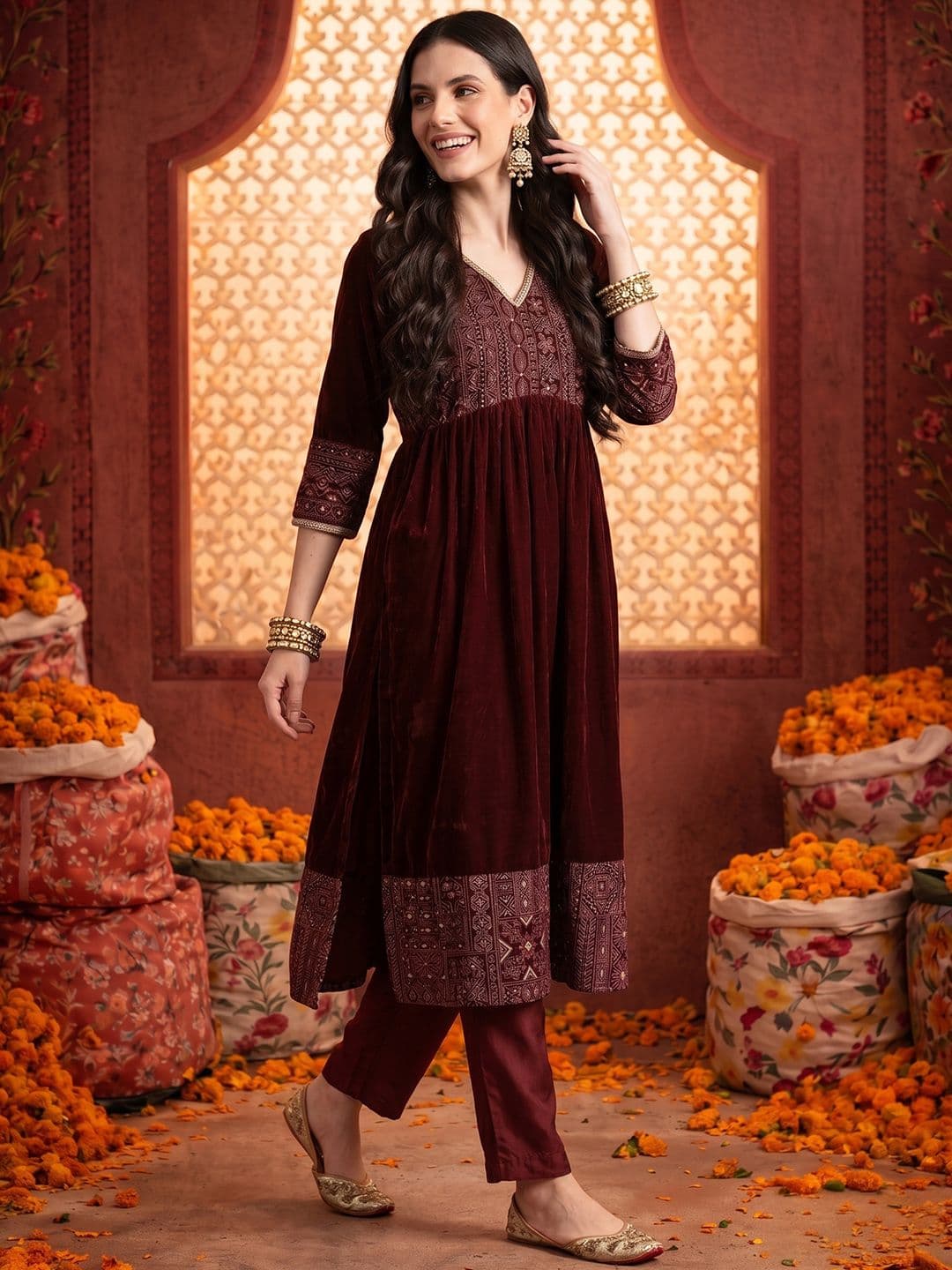 Anouk Tyohaar Collection Printed Panelled Sequinned Kurta with Trousers - view 1