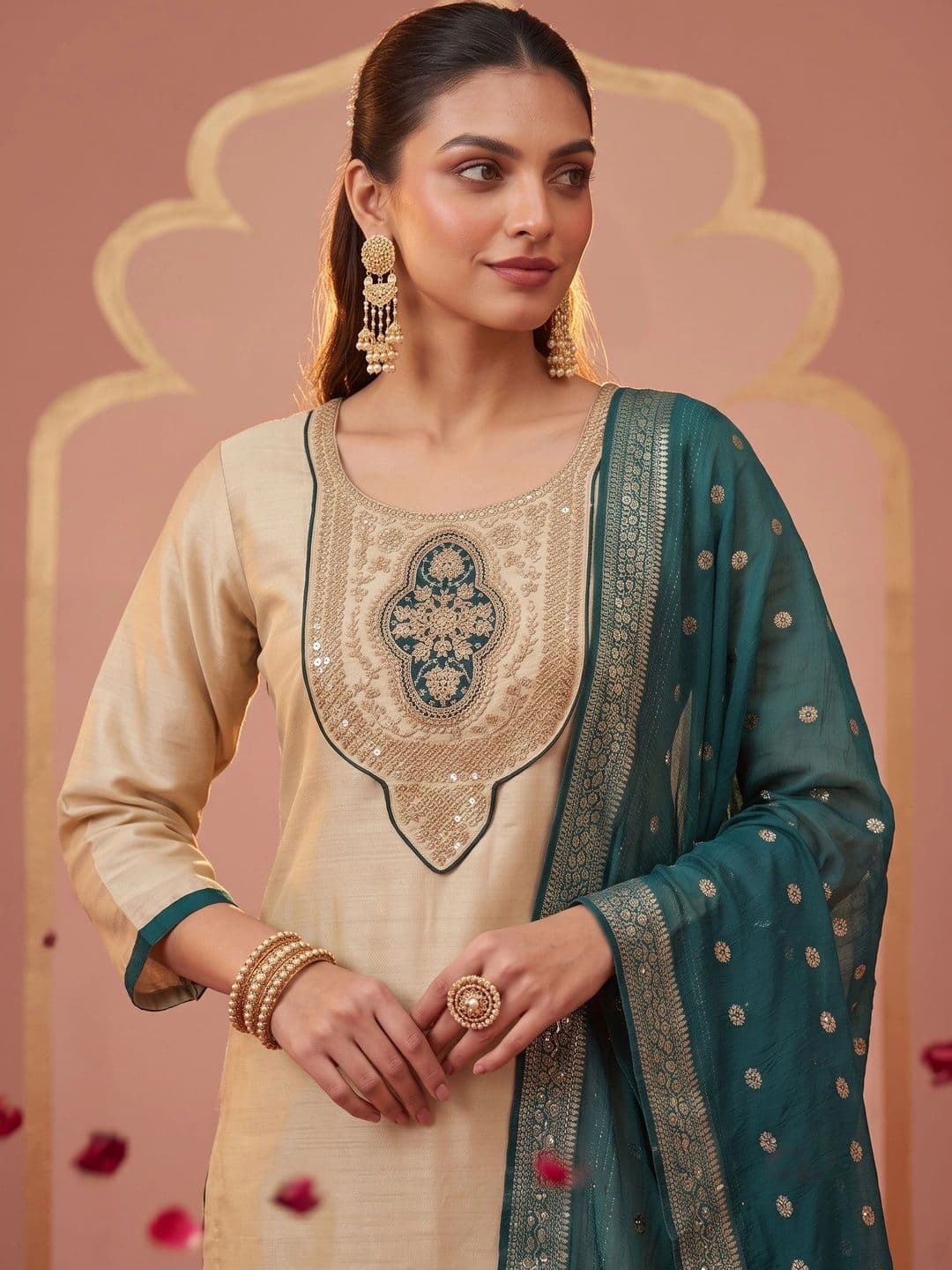 SDK FASHION Women Ethnic Motifs Embroidered Regular Sequinned Kurta with Trousers & With Dupatta - view 1