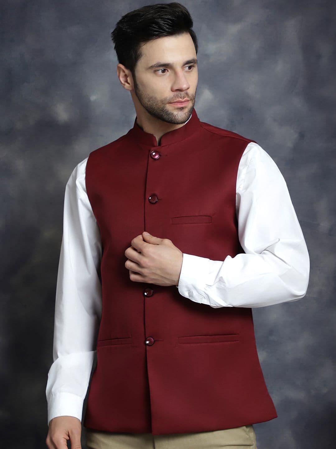 Anouk Maroon Mandarin Collar Woven Nehru Jacket - view 1