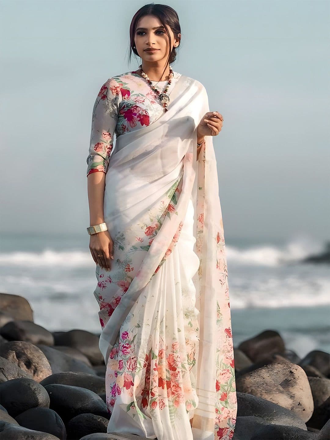 Anouk Floral Linen Blend Saree - view 1
