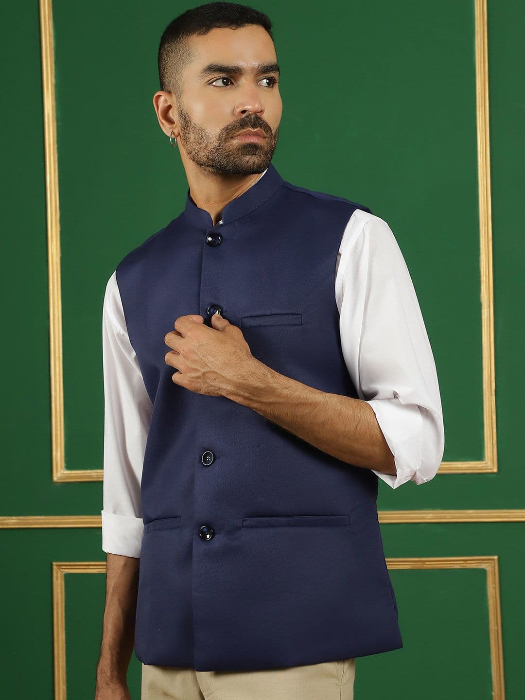 Anouk Navy Blue Mandarin Collar Nehru Jacket - view 1