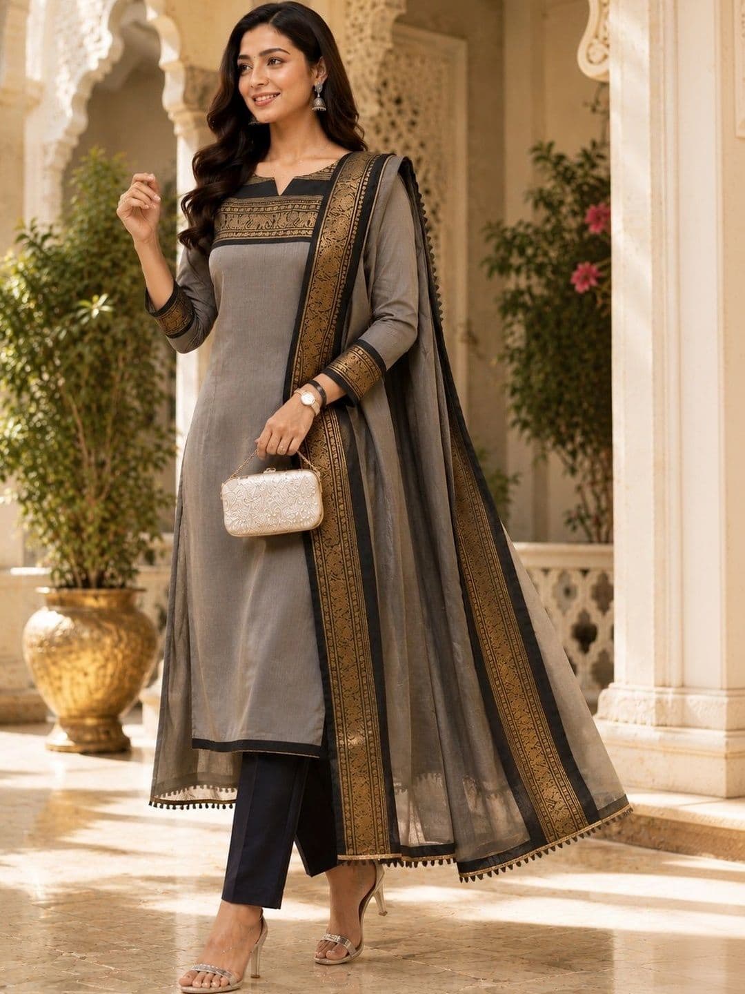 Sangria Women Ethnic Motifs Regular Pure Silk Kurta with Trousers & With Dupatta - view 1