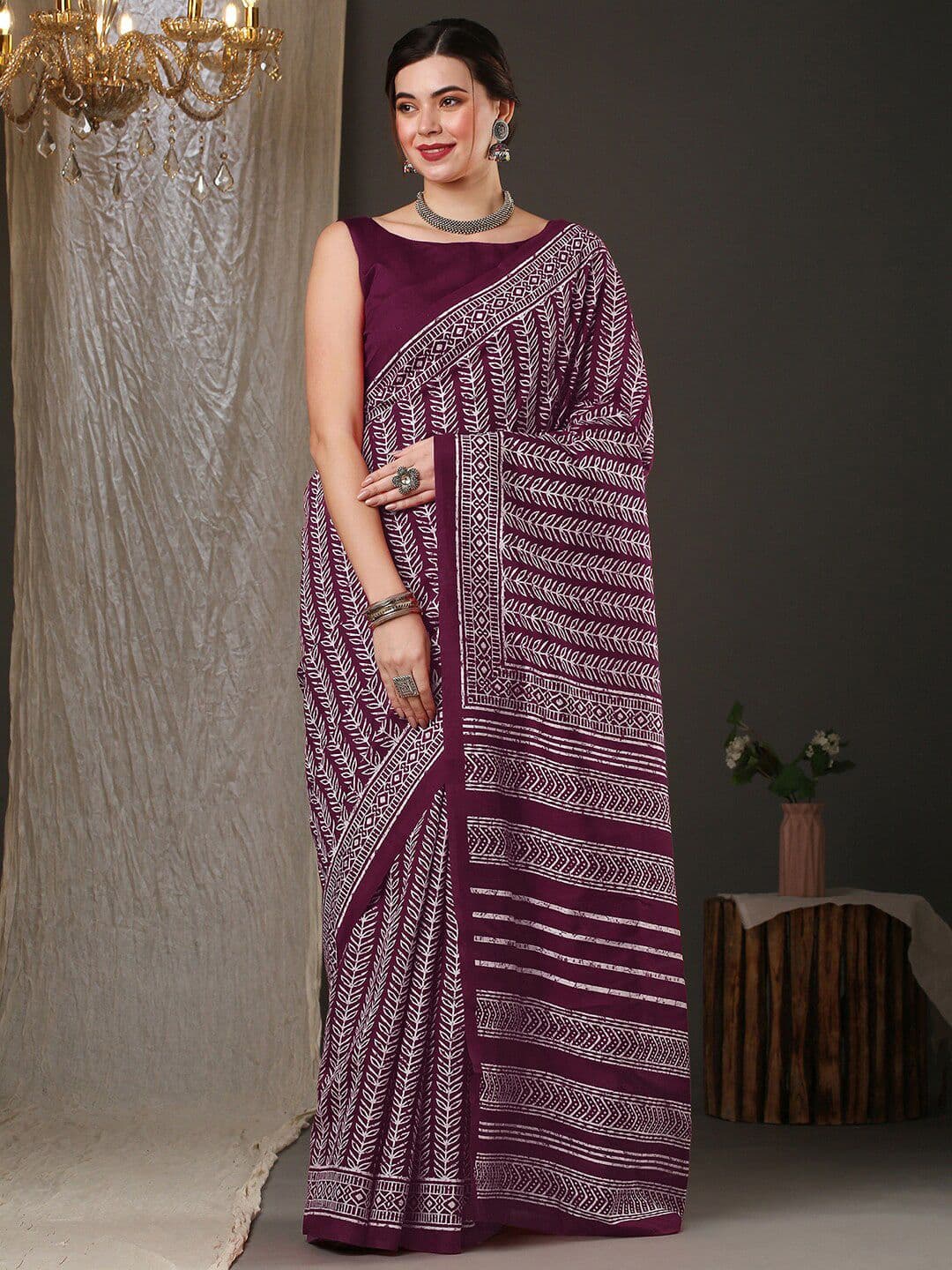 Anouk Magenta & White Batik Printed Bhagalpuri Saree - view 1