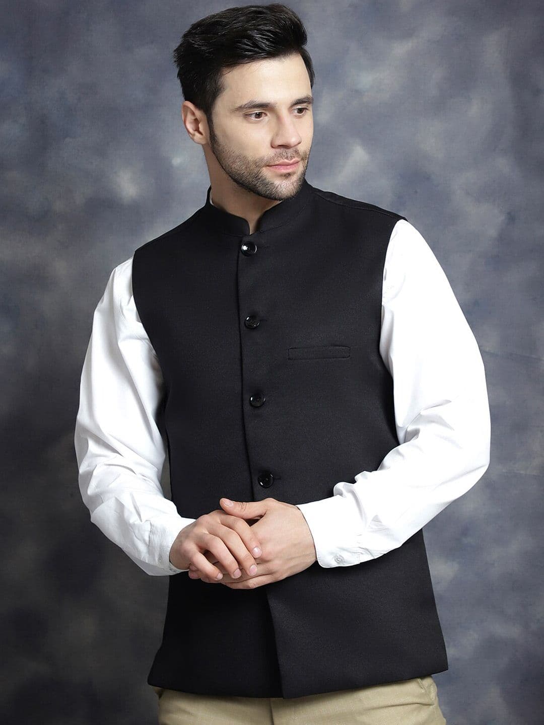 Anouk Black Mandarin Collar Woven Nehru Jacket - view 1