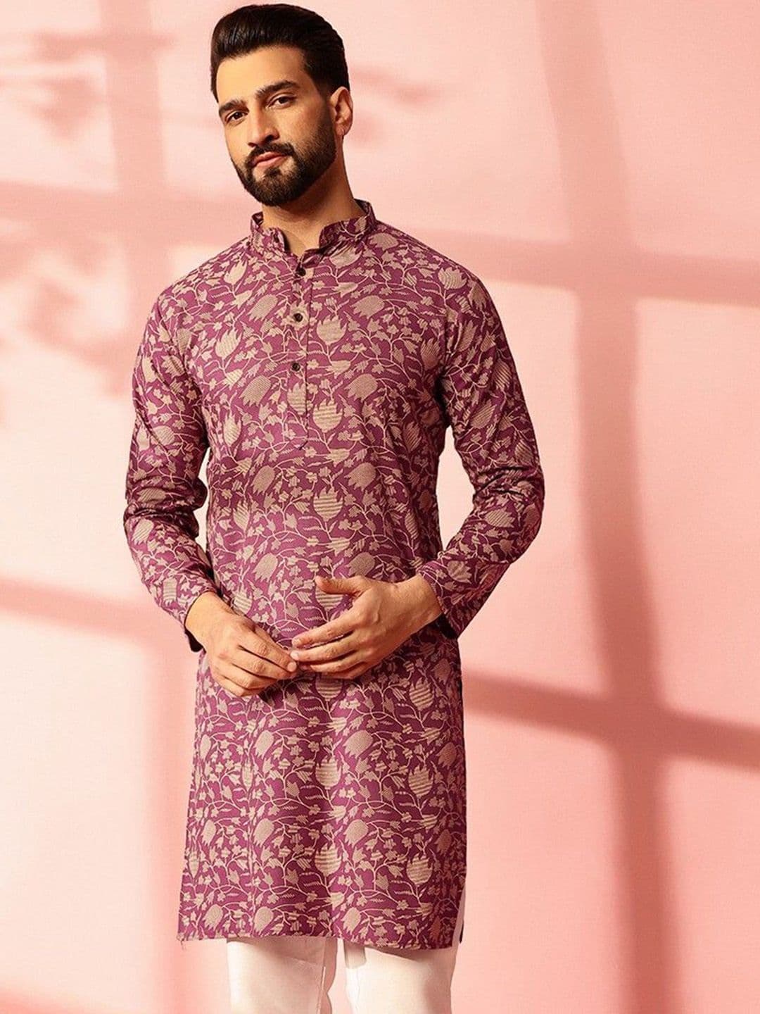 Anouk Floral Printed Band Collar Cotton Linen Straight Kurta - view 1