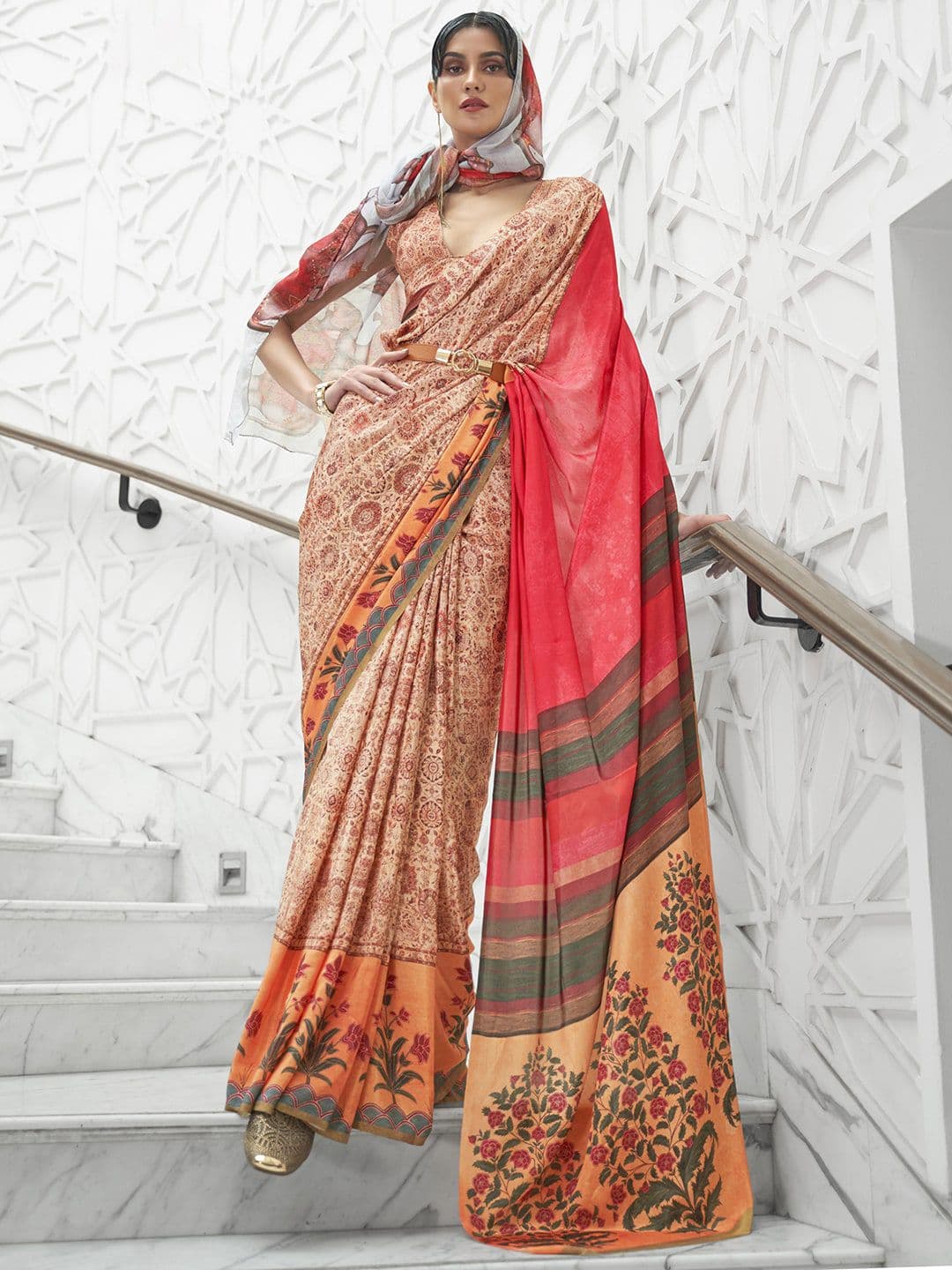 Anouk Floral Printed Crepe Bagru Saree - view 1