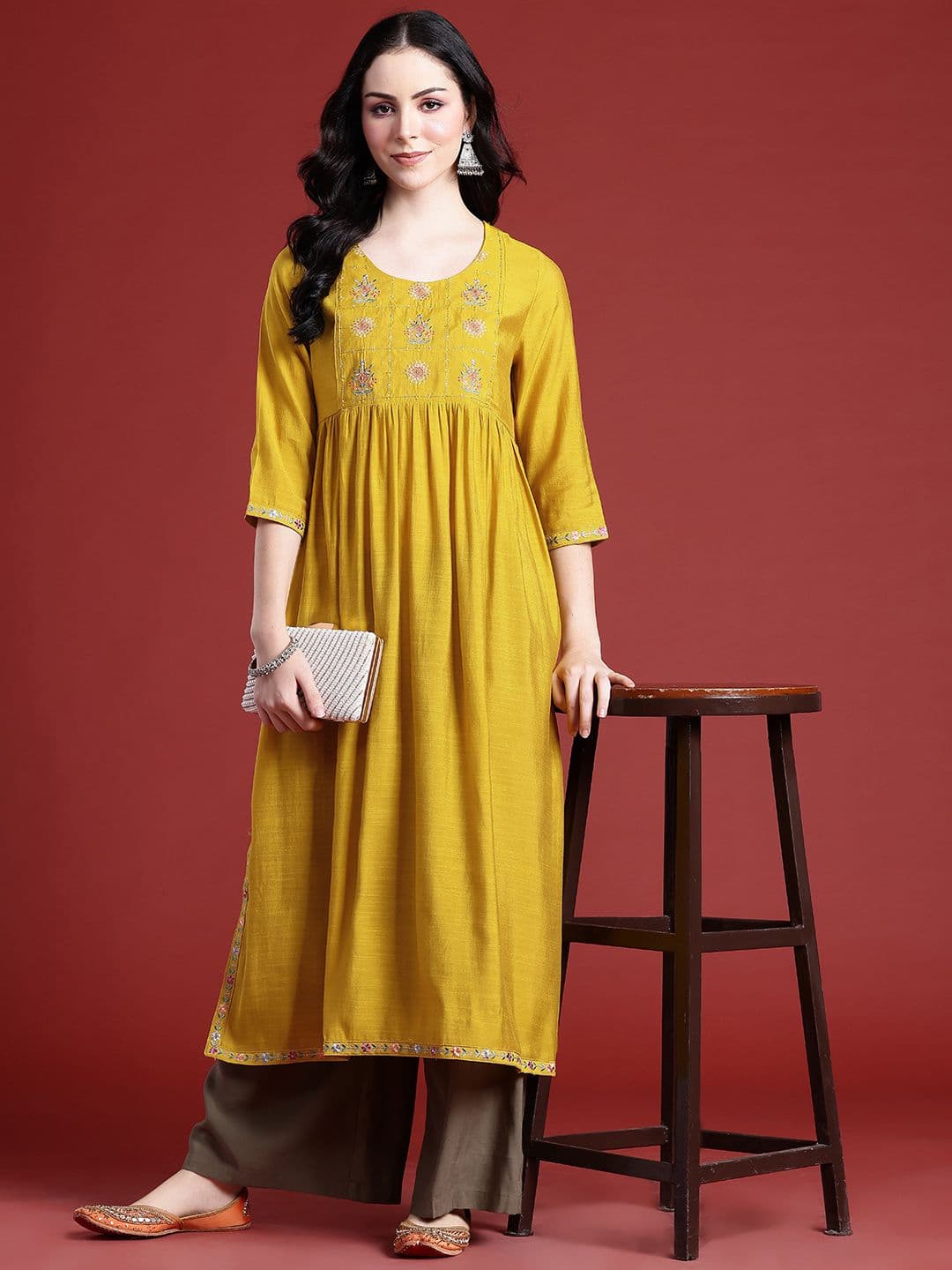 Anouk Floral Embroidered Sequinned Detail Empire-Style A-Line Kurta - view 1