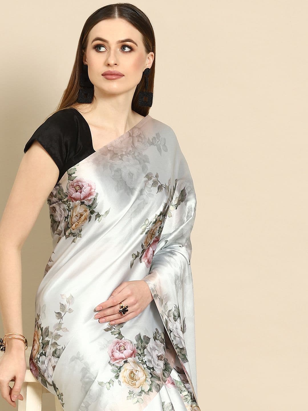 Anouk Sea Green Floral Satin Saree - view 1