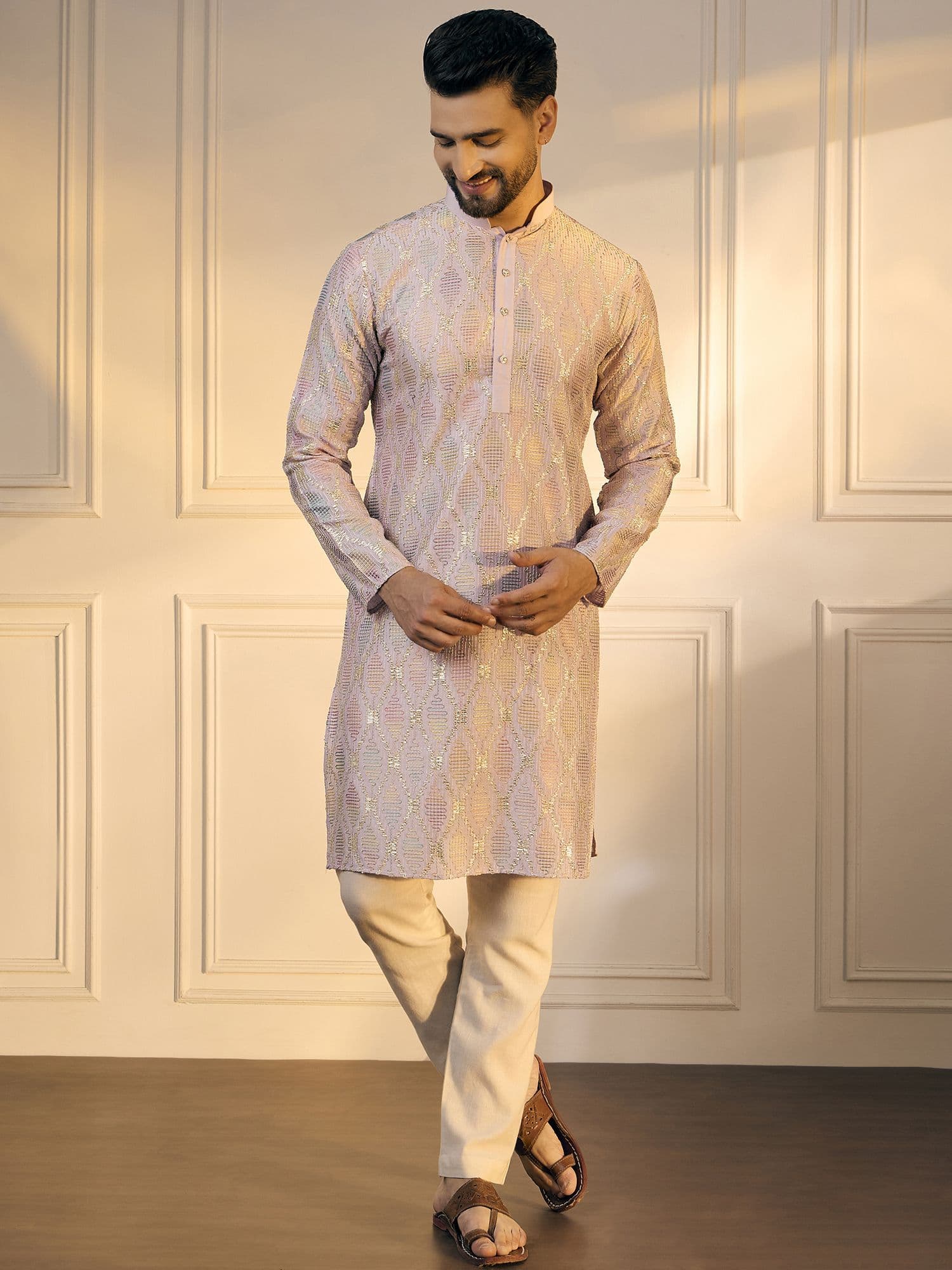 Anouk Pink Geometric Embroidered Gotta Patti Cotton Straight Kurta - view 1