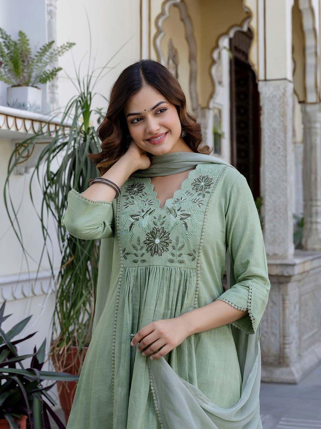 Anouk Floral Yoke Design V-Neck Empire Aari Work Pure Cotton Kurta with Pyjamas & Dupatta - view 1
