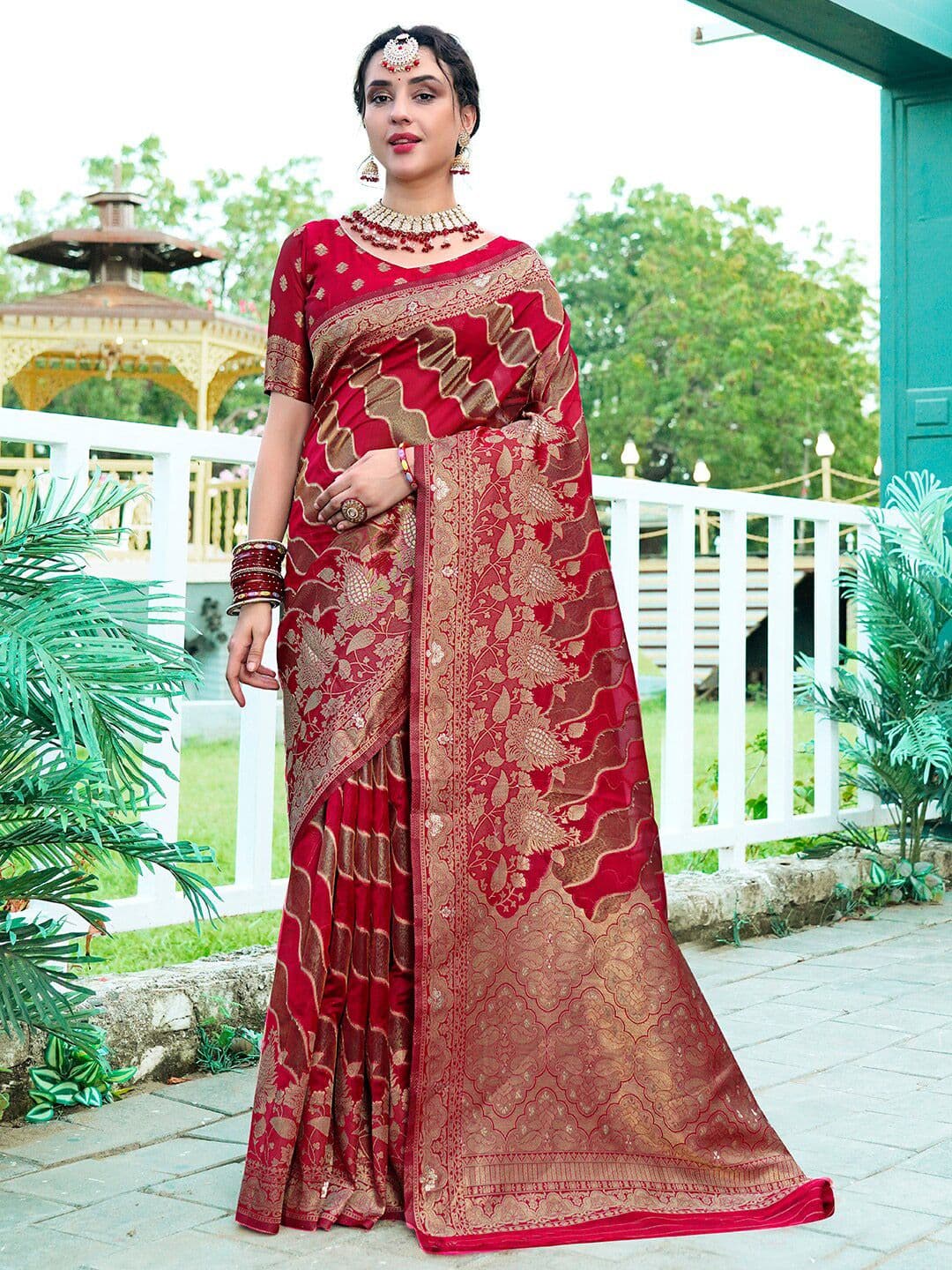 Anouk Woven Design Floral Printed Zari Organza Saree - view 1