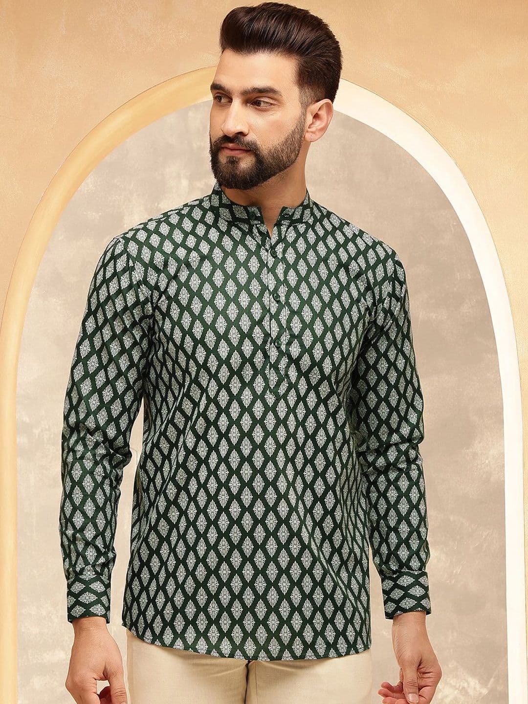 Anouk Green Ethnic Motifs Printed Band Collar Short Kurta - view 1