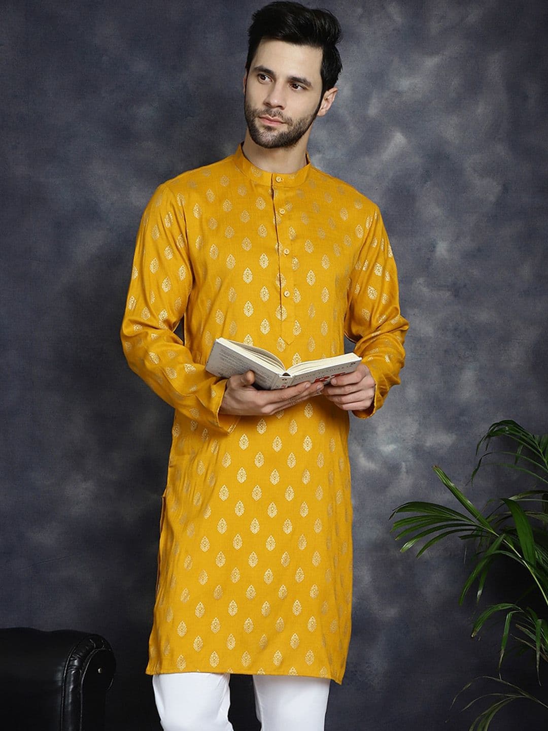Anouk Mustard Yellow Ethnic Motifs Printed Band Collar Straight Kurta - view 1