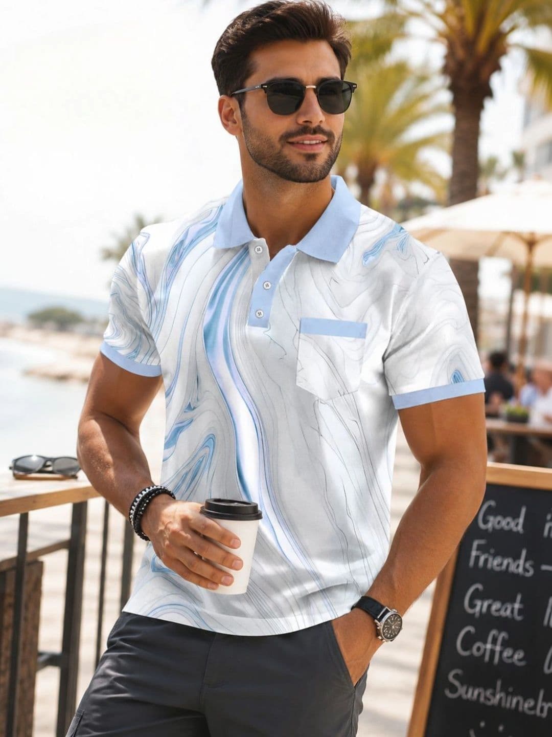 HERE&NOW Men Printed Polo Collar Pockets T-shirt - view 1