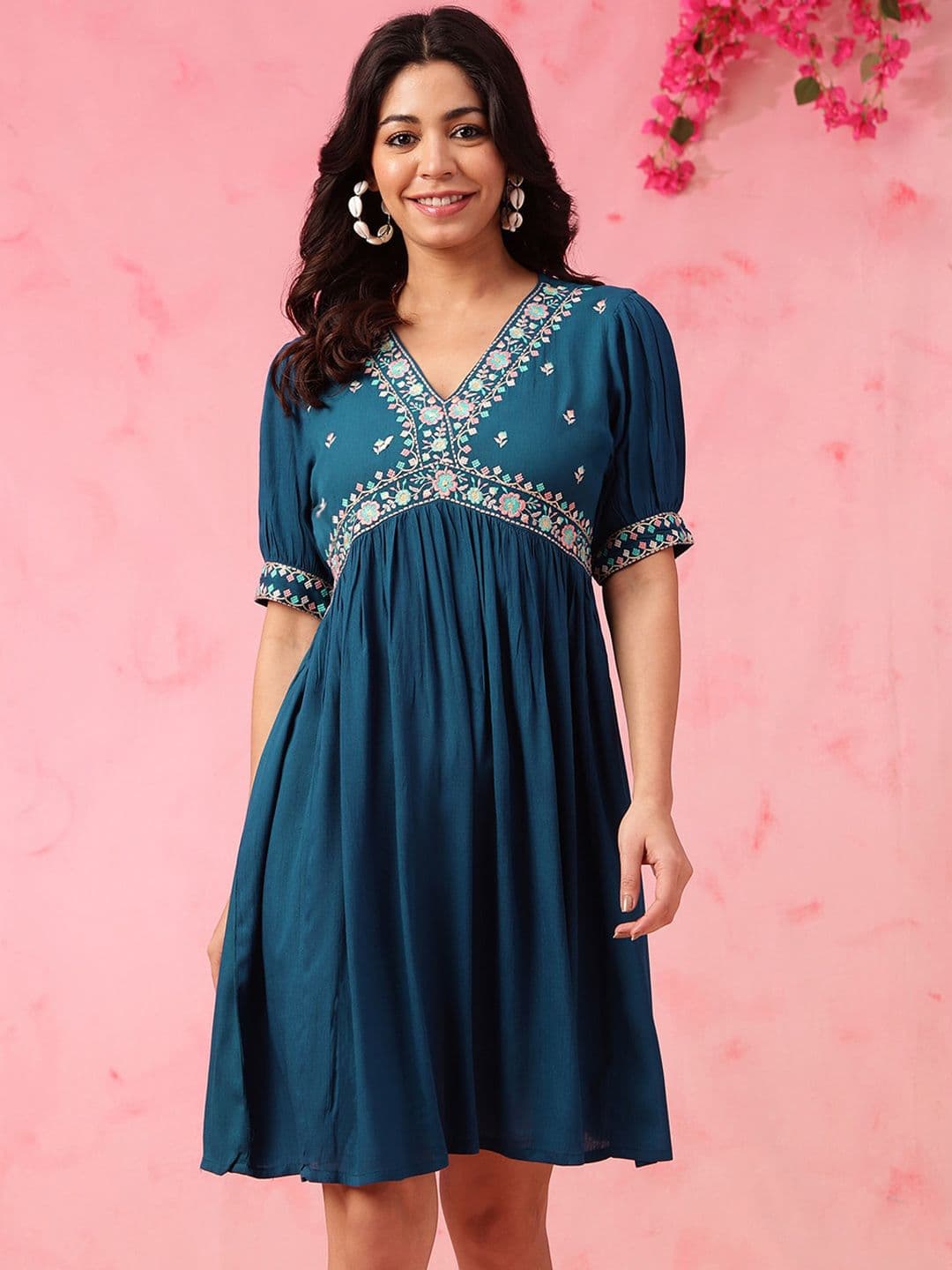 Anouk Teal Floral Embroidered Puff Sleeves A-Line Knee Length Liva Ethnic Dress - view 1