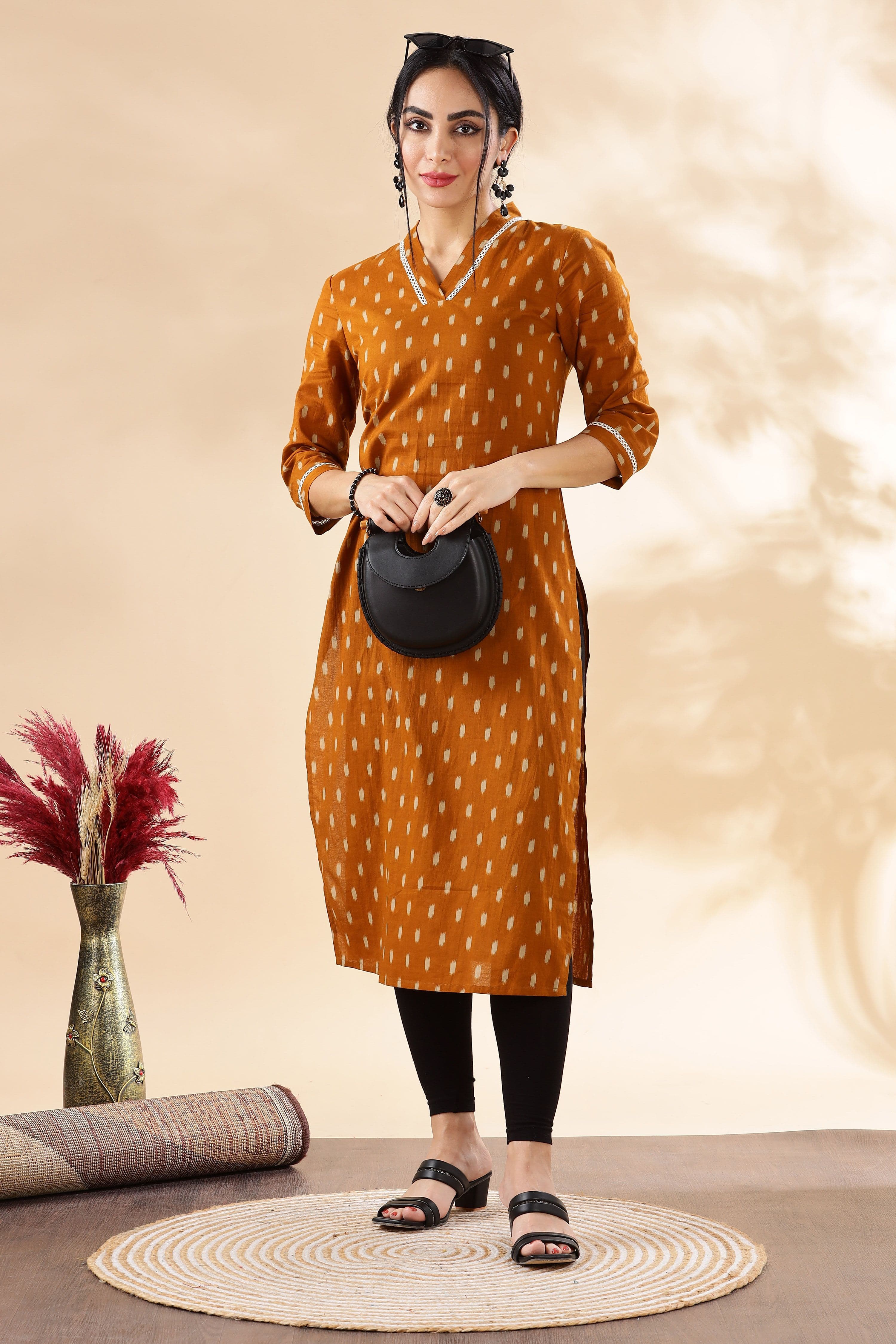 Anouk Mustard Geometric Printed V Neck lace Work Pure Cotton Straight Kurta - view 1