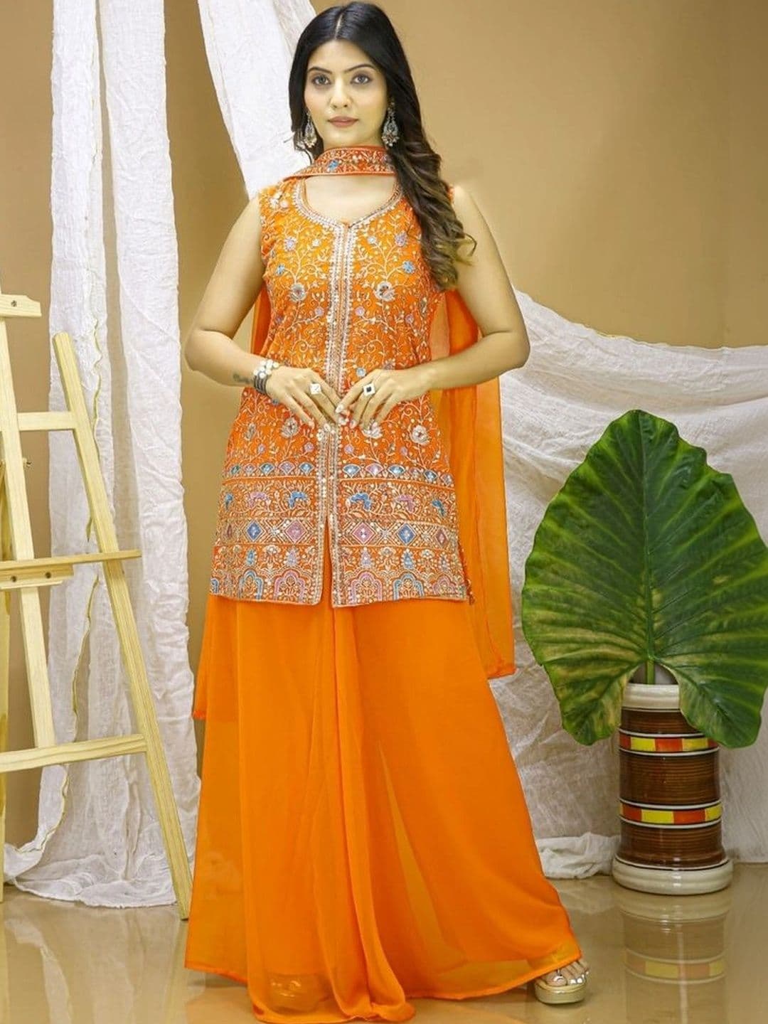 SRK STYLE Women Ethnic Motifs Embroidered Regular Sequinned Kurta with Palazzos & With Dupatta - view 1