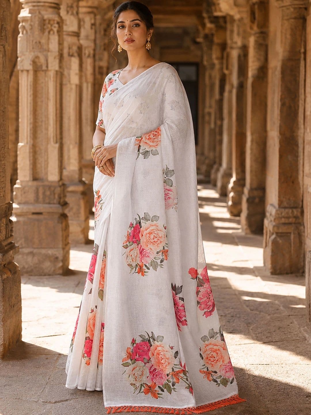 Anjaneya Sarees Floral Linen Blend Designer Block Print Saree - view 1