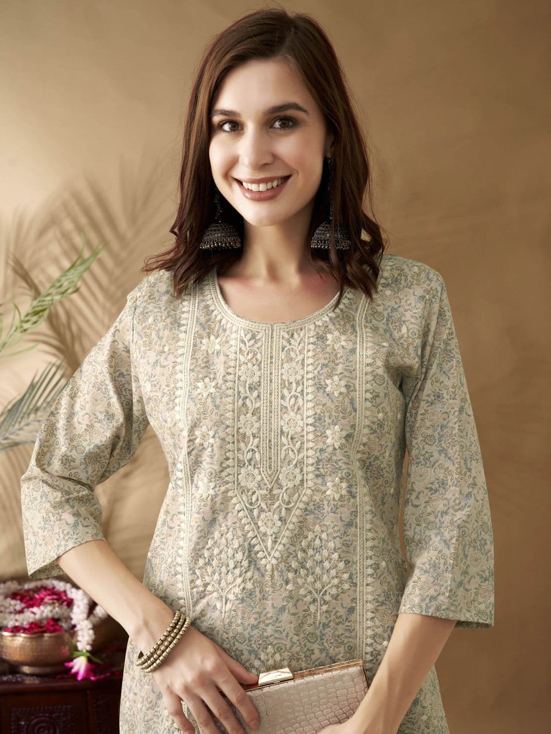 Anouk Cream-Coloured Ethnic Motifs Embroidered Round Neck Thread Work Chanderi Silk Kurta - view 1