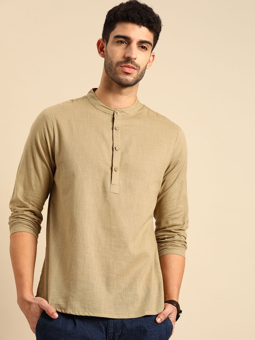 Anouk Men Khaki Cotton Daily Wear Waist Length Kurta - view 1