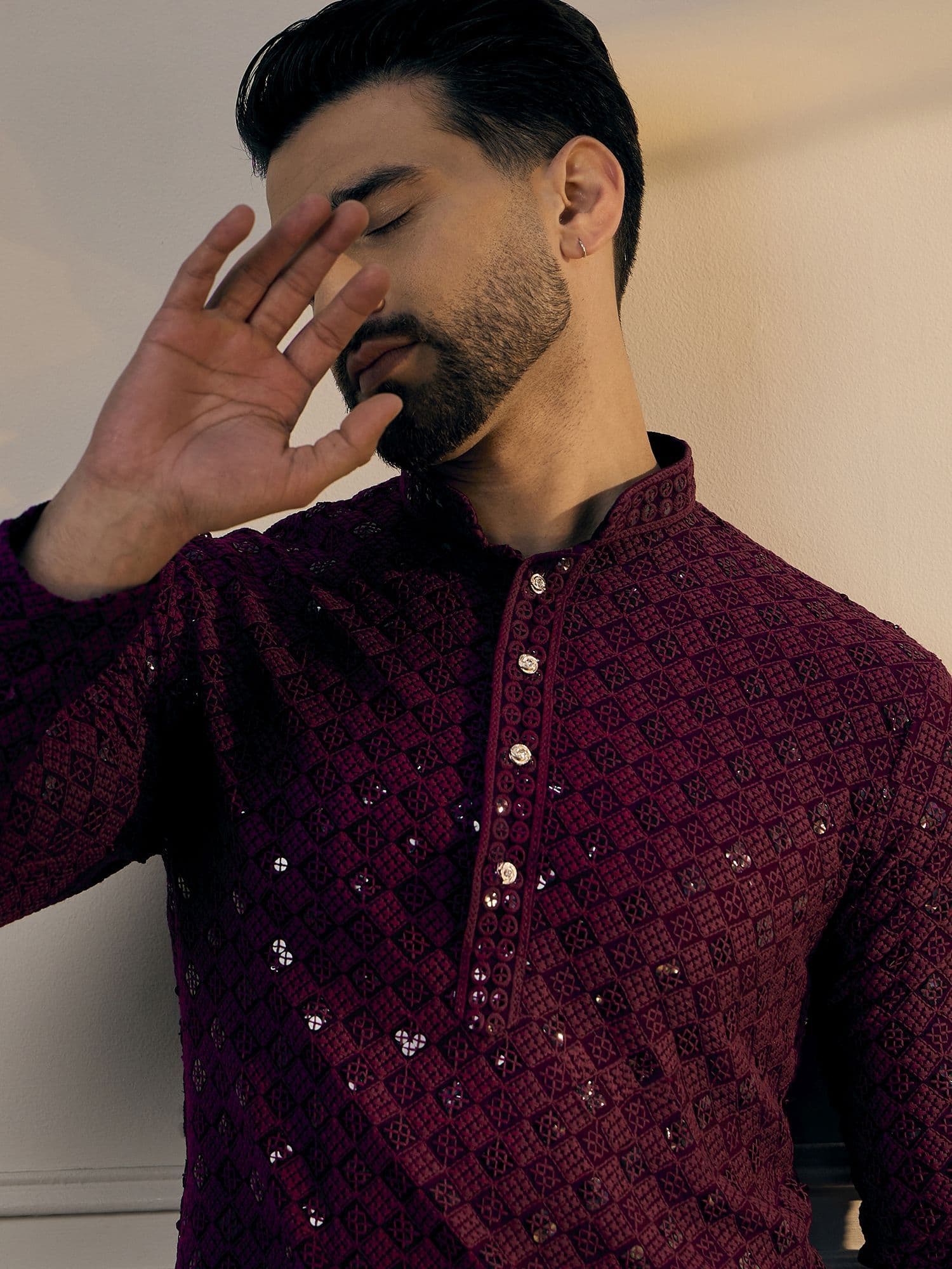 Anouk Purple Floral Embroidered Sequinned Mandarin Collar Pure Cotton Straight Kurta - view 1