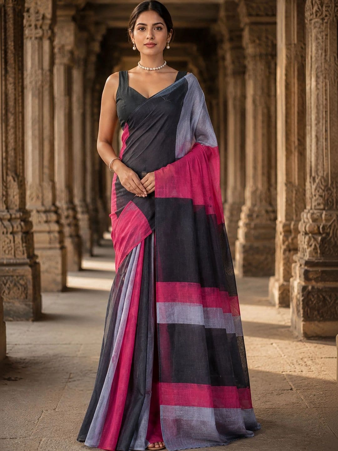 Anjaneya Sarees Striped Linen Blend Designer Block Print Saree - view 1