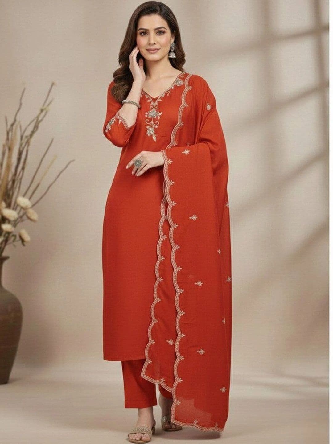 KALINI Women Ethnic Motifs Embroidered Regular Thread Work Kurta with Trousers & With Dupatta - view 1